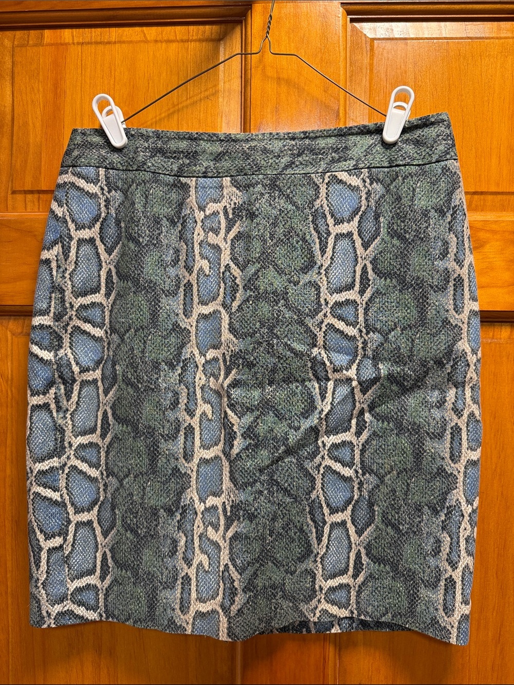 LOFT Green and Blue Snake-Print Pencil Skirt